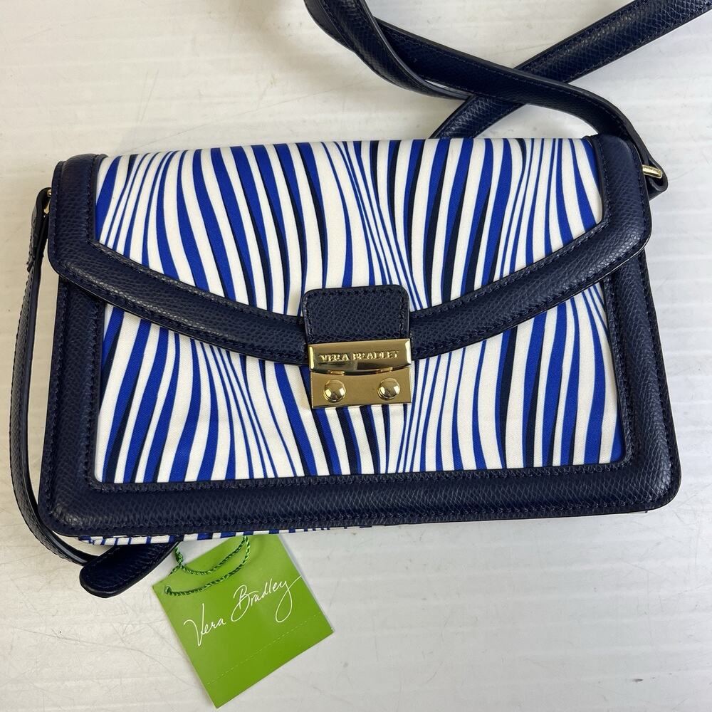 Vera Bradley Tess Crossbody Wavy Stripe Navy Blue Vinyl Leather Trim Preppy